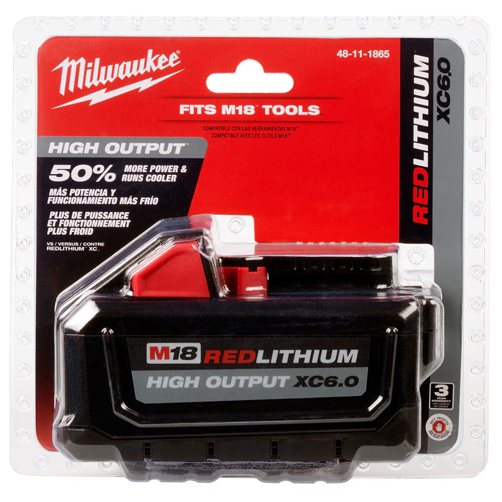 Milwaukee M18 REDLITHIUM battery pack in packaging with red and black design.