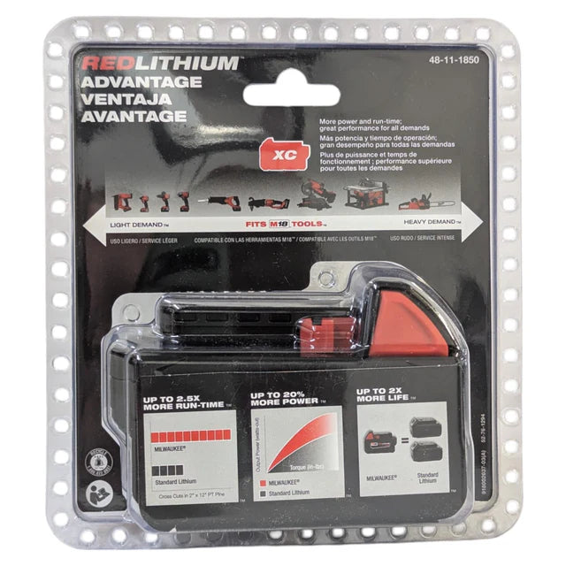 RedLithium battery pack in packaging with branding and product details.