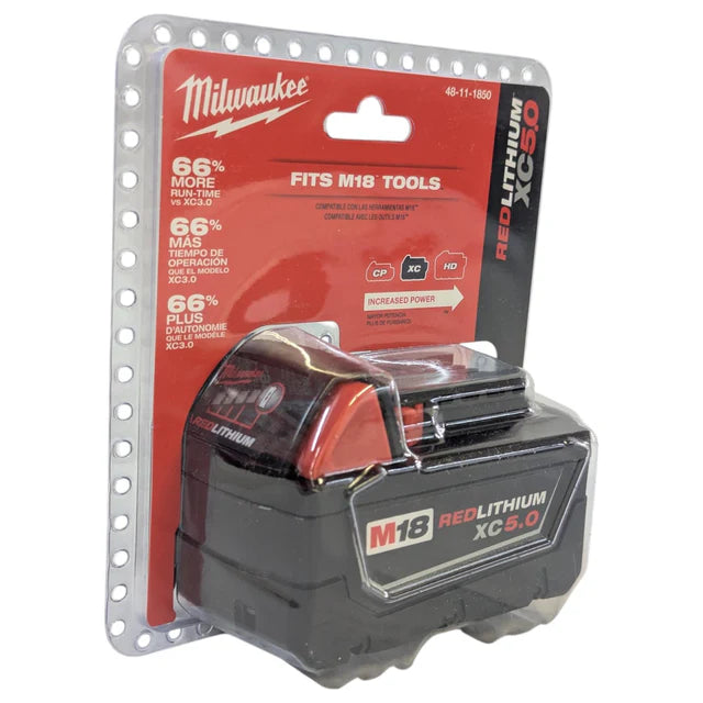 Milwaukee M18 RedLithium XC5.0 battery pack in packaging on a white background