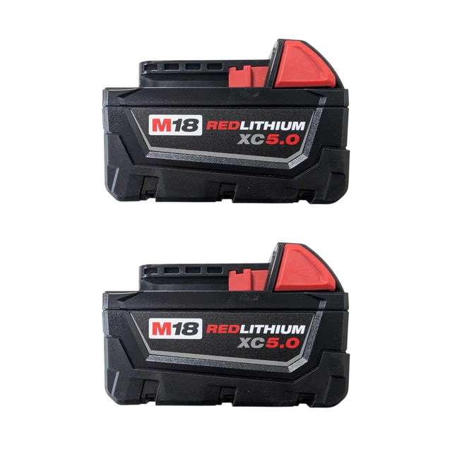 Two M18 RedLithium XC5.0 battery packs on a white background