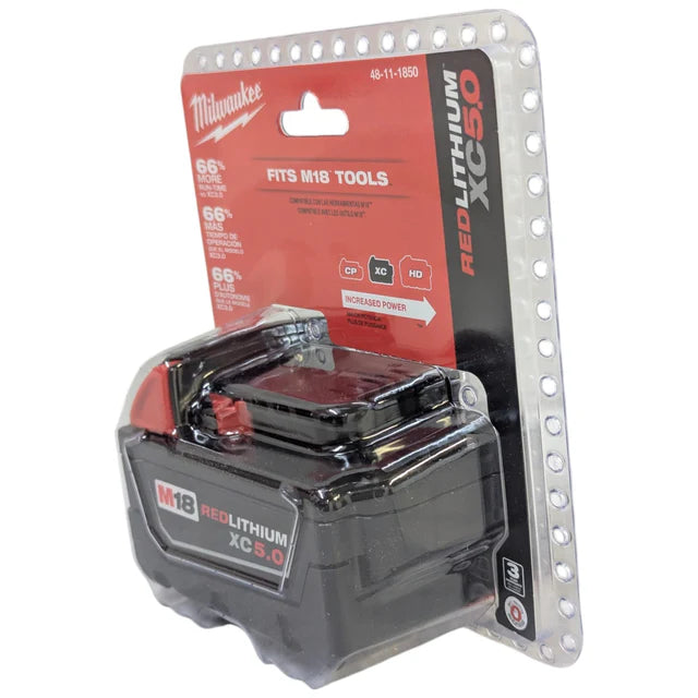 Milwaukee M18 REDLITHIUM XC5.0 battery pack in packaging on a white background