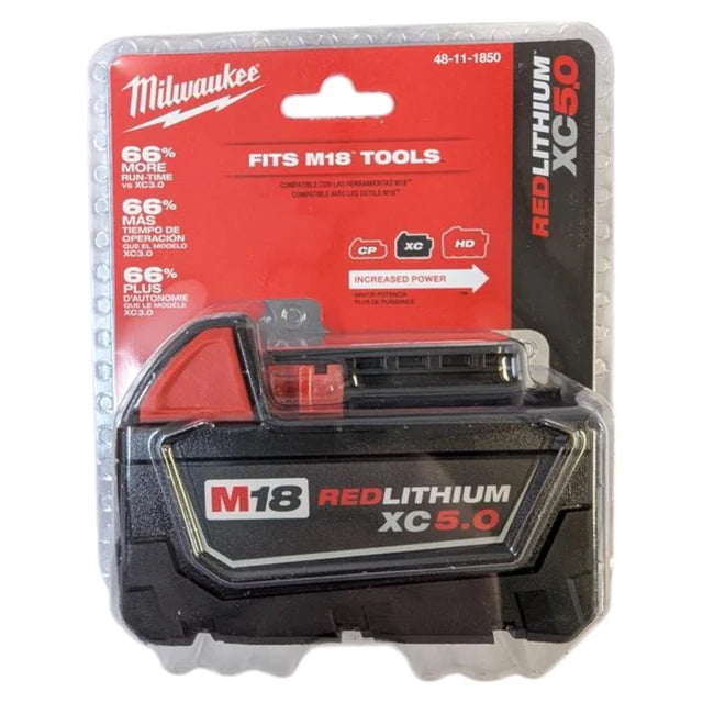Milwaukee M18 RedLithium XC5.0 battery pack in packaging on a white background